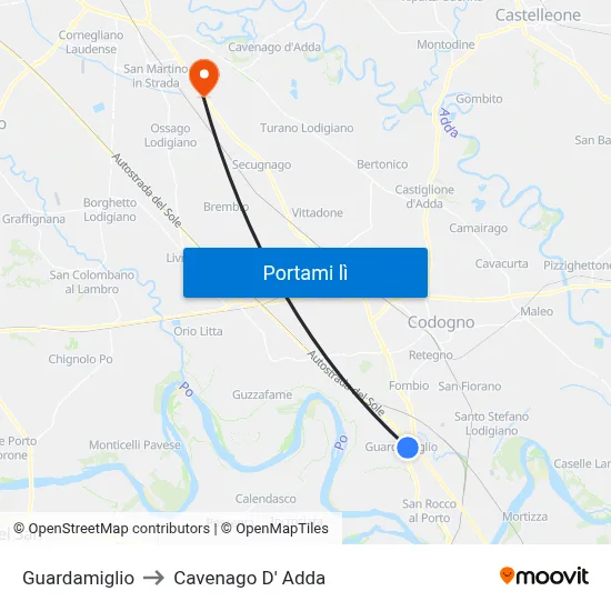 Guardamiglio to Cavenago D' Adda map