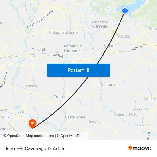 Iseo to Cavenago D' Adda map