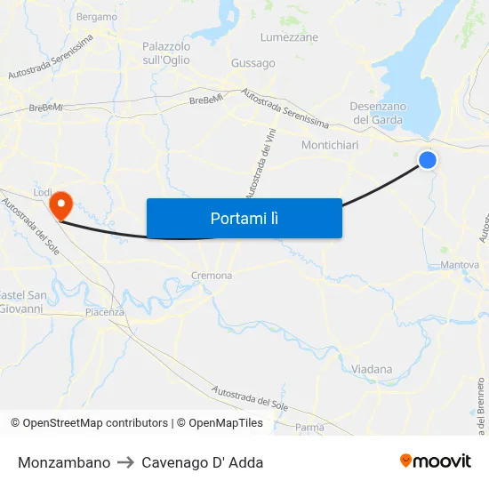 Monzambano to Cavenago D' Adda map