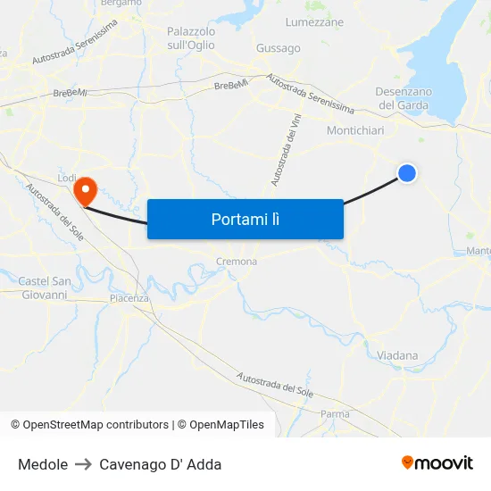 Medole to Cavenago D' Adda map