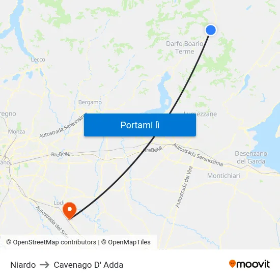 Niardo to Cavenago D' Adda map