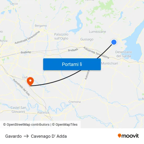 Gavardo to Cavenago D' Adda map