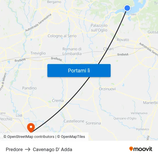 Predore to Cavenago D' Adda map