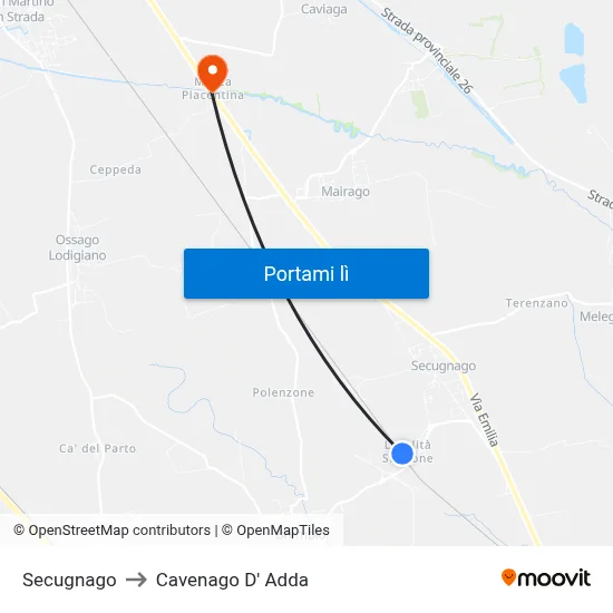Secugnago to Cavenago D' Adda map