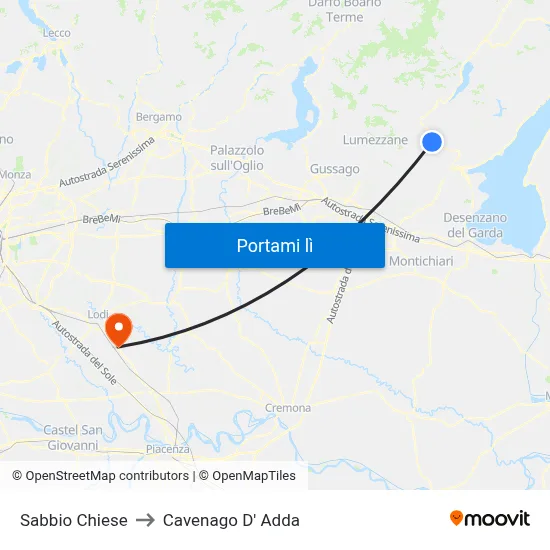 Sabbio Chiese to Cavenago D' Adda map