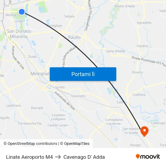Linate Aeroporto M4 to Cavenago D' Adda map