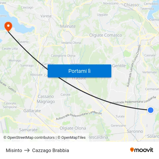Misinto to Cazzago Brabbia map