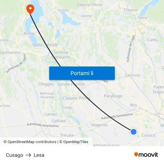 Cusago to Lesa map