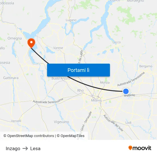 Inzago to Lesa map