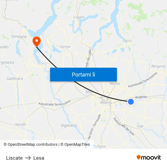 Liscate to Lesa map