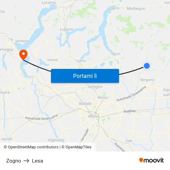 Zogno to Lesa map