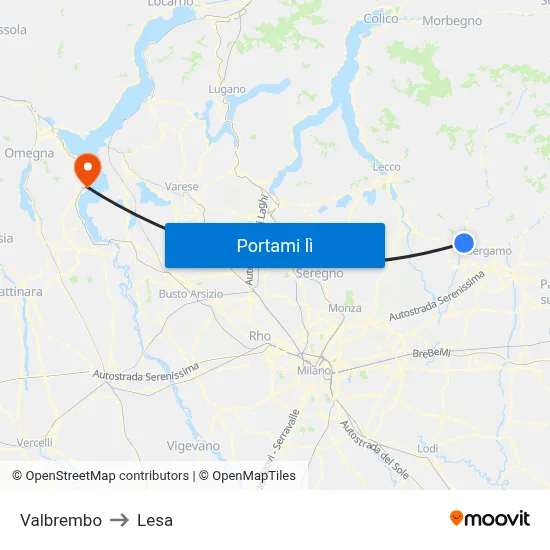 Valbrembo to Lesa map