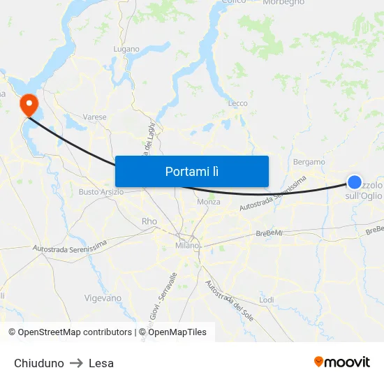 Chiuduno to Lesa map