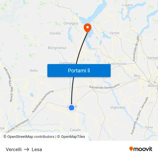 Vercelli to Lesa map