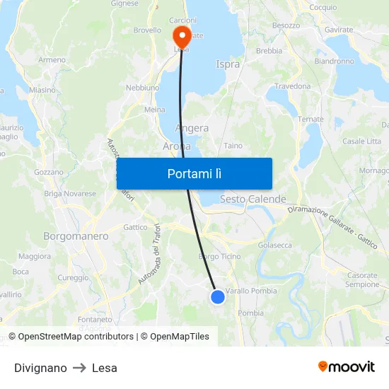 Divignano to Lesa map