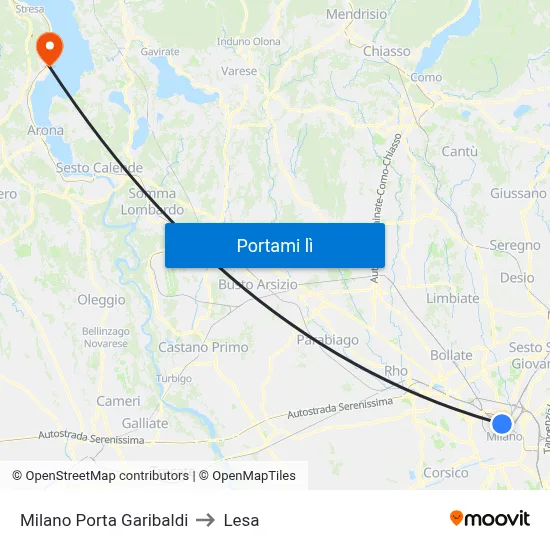 Milano Porta Garibaldi to Lesa map