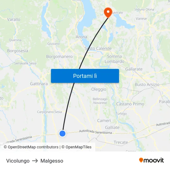 Vicolungo to Malgesso map