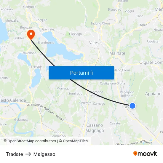 Tradate to Malgesso map