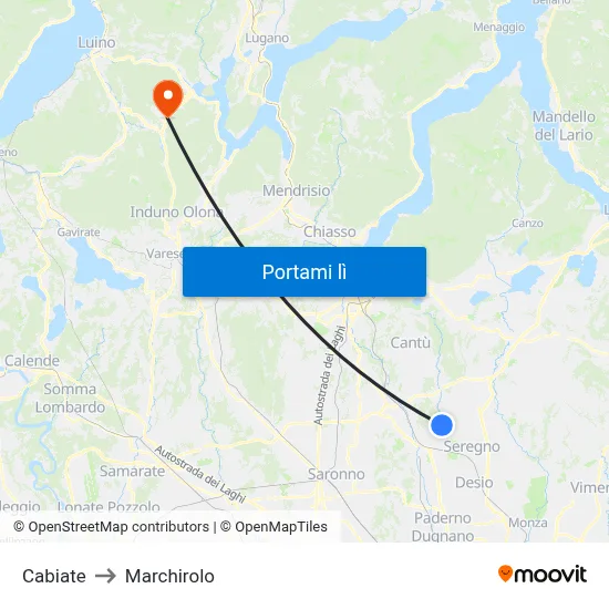 Cabiate to Marchirolo map