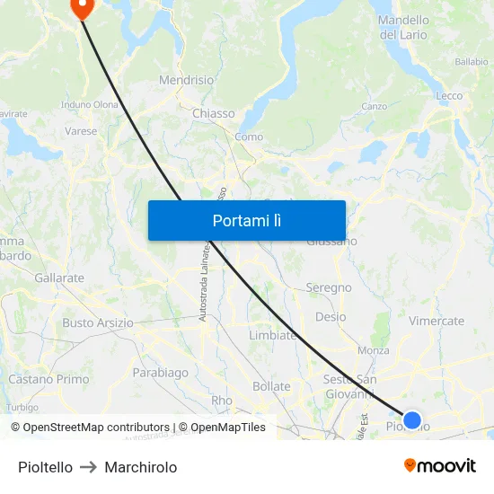 Pioltello to Marchirolo map