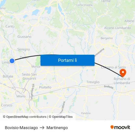 Bovisio-Masciago to Martinengo map