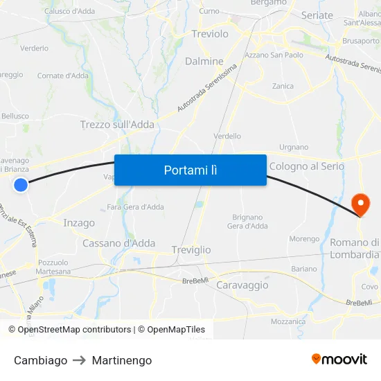 Cambiago to Martinengo map