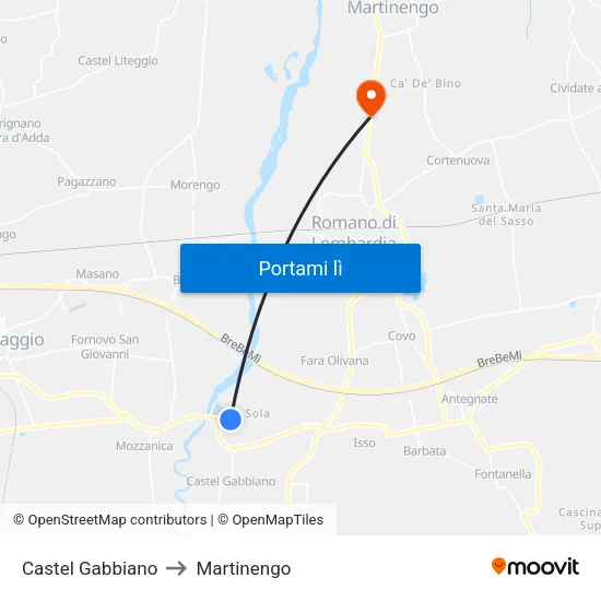 Castel Gabbiano to Martinengo map