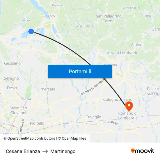 Cesana Brianza to Martinengo map