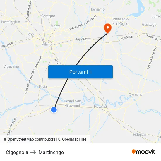 Cigognola to Martinengo map