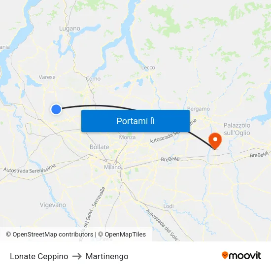 Lonate Ceppino to Martinengo map