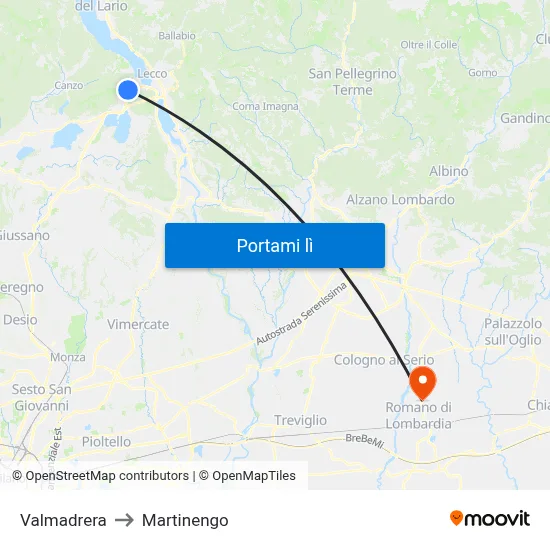 Valmadrera to Martinengo map