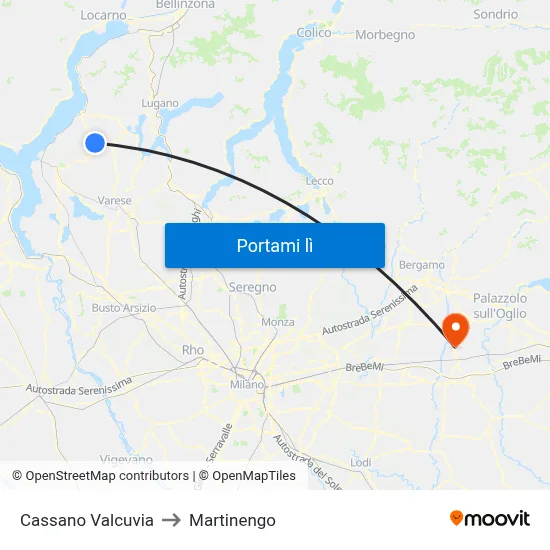 Cassano Valcuvia to Martinengo map