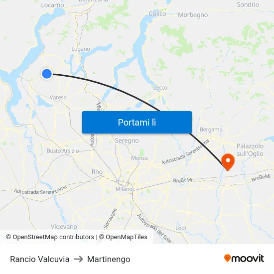 Rancio Valcuvia to Martinengo map