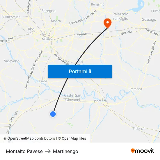 Montalto Pavese to Martinengo map