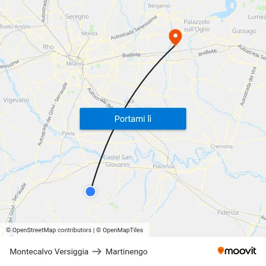 Montecalvo Versiggia to Martinengo map