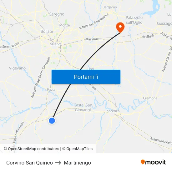 Corvino San Quirico to Martinengo map