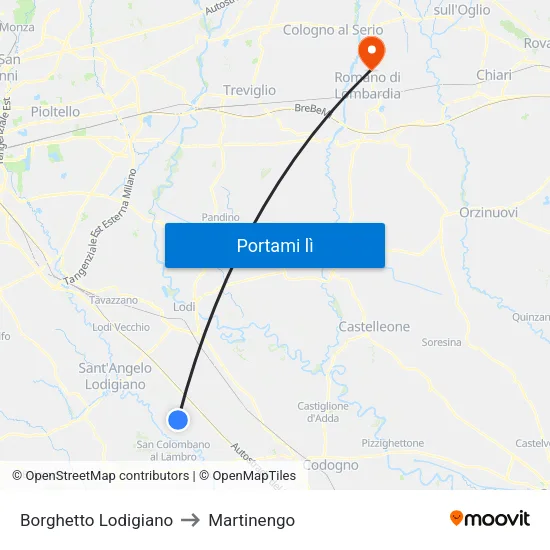 Borghetto Lodigiano to Martinengo map