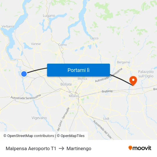 Malpensa Aeroporto T1 to Martinengo map