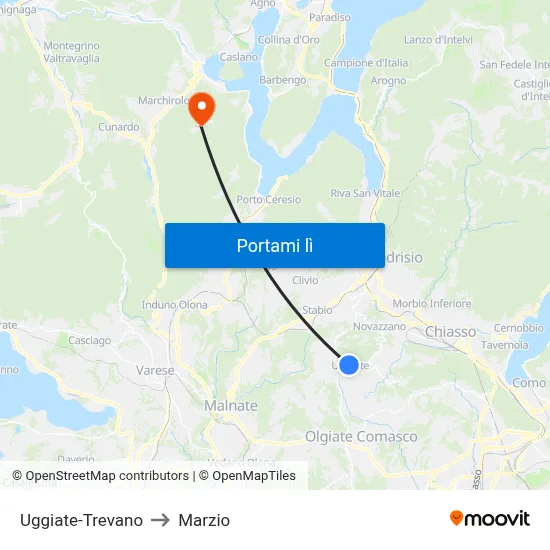 Uggiate-Trevano to Marzio map