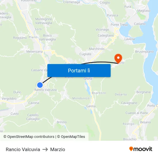 Rancio Valcuvia to Marzio map