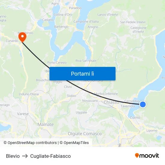 Blevio to Cugliate-Fabiasco map
