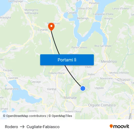 Rodero to Cugliate-Fabiasco map