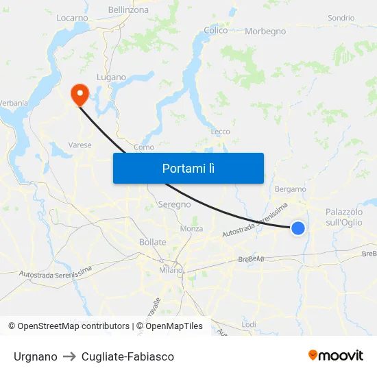 Urgnano to Cugliate-Fabiasco map