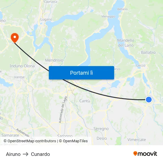 Airuno to Cunardo map