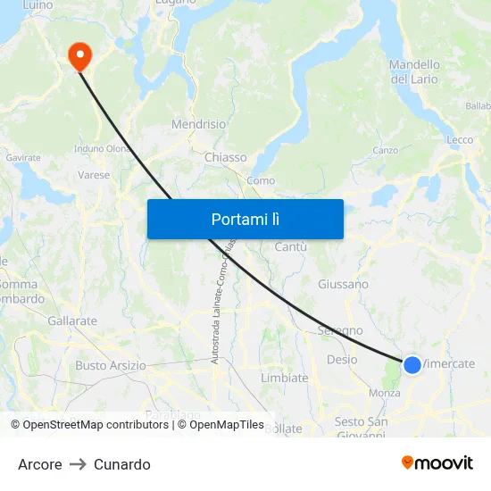 Arcore to Cunardo map