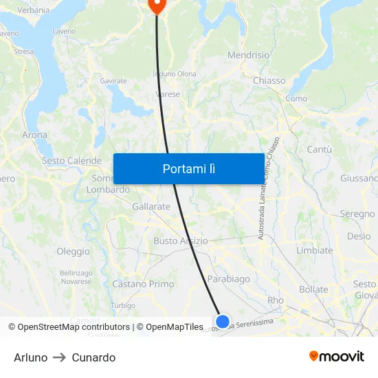 Arluno to Cunardo map