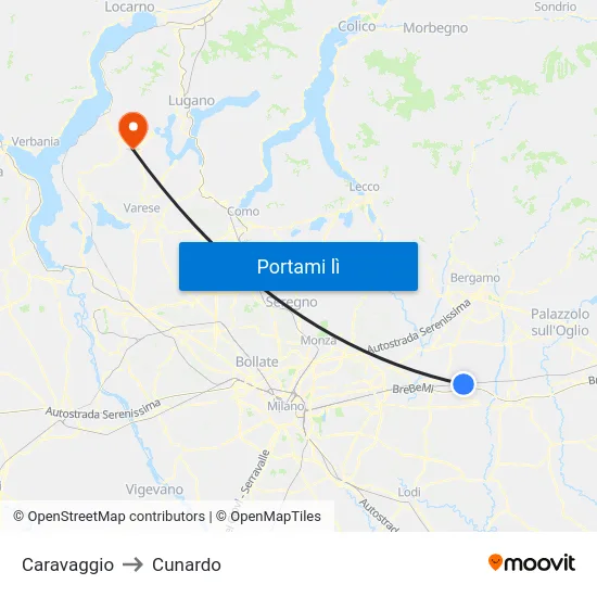Caravaggio to Cunardo map