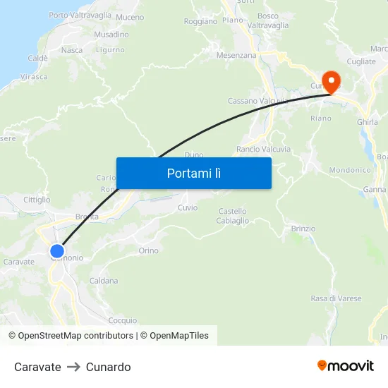 Caravate to Cunardo map
