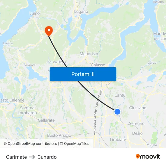 Carimate to Cunardo map