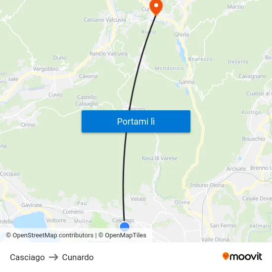 Casciago to Cunardo map